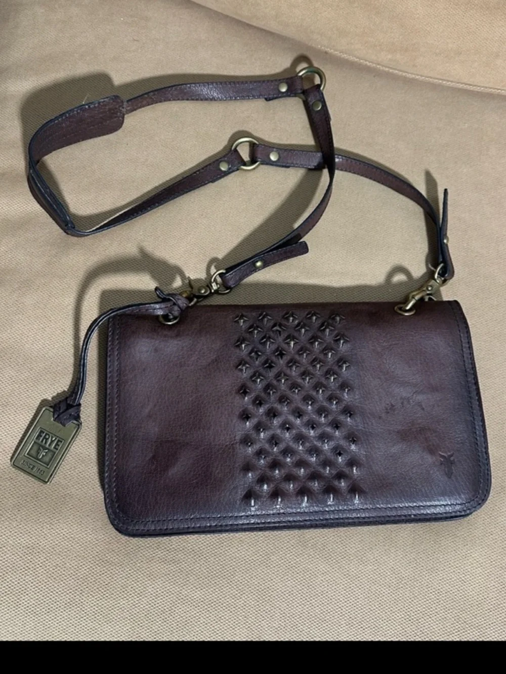 Frye Brown Leather Studded Crossbody Bag Boho Western Distressed Purse